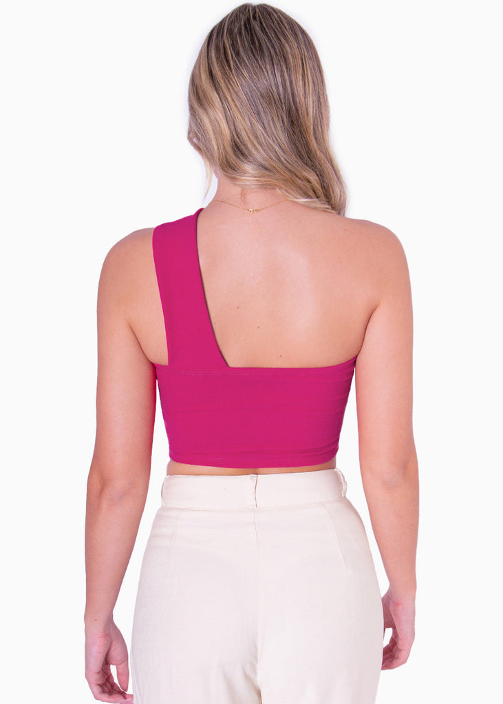 Crop top strapless con cut out y cargadera en diagonal color fucsia para mujer - Flashy