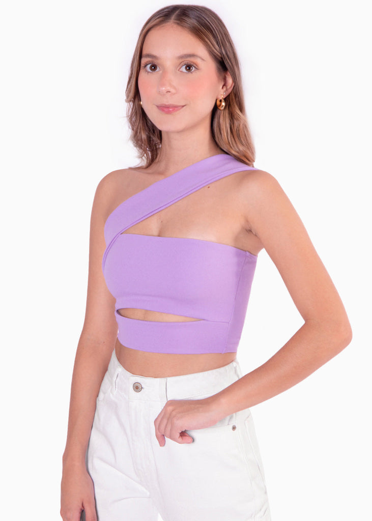Crop top strapless con cut out y cargadera en diagonal color lila para mujer - Flashy
