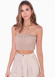 Crop top strapless con recogidos color beige para mujer - Flashy