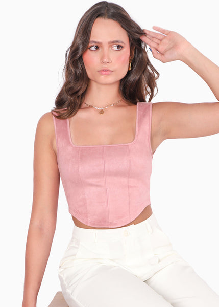 Crop top tipo corset de tiras y tipo gamuza color rosado para mujer - Flashy