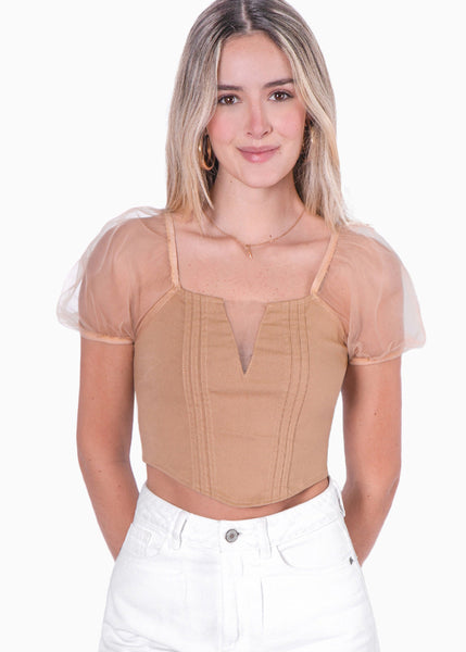 Crop top tipo corset manga corta con organza y escote en v color beige para mujer - Flashy