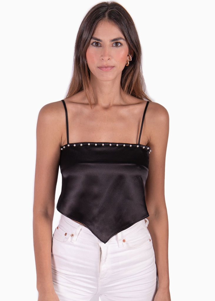 Crop top tipo pañoleta con perlas color negro para mujer - Flashy