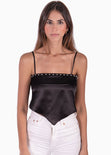 Crop top tipo pañoleta con perlas color negro para mujer - Flashy