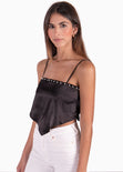 Crop top tipo pañoleta con perlas color negro para mujer - Flashy