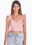 Crop top de tiras con cuello en v y boleros color rosado para mujer - Flashy