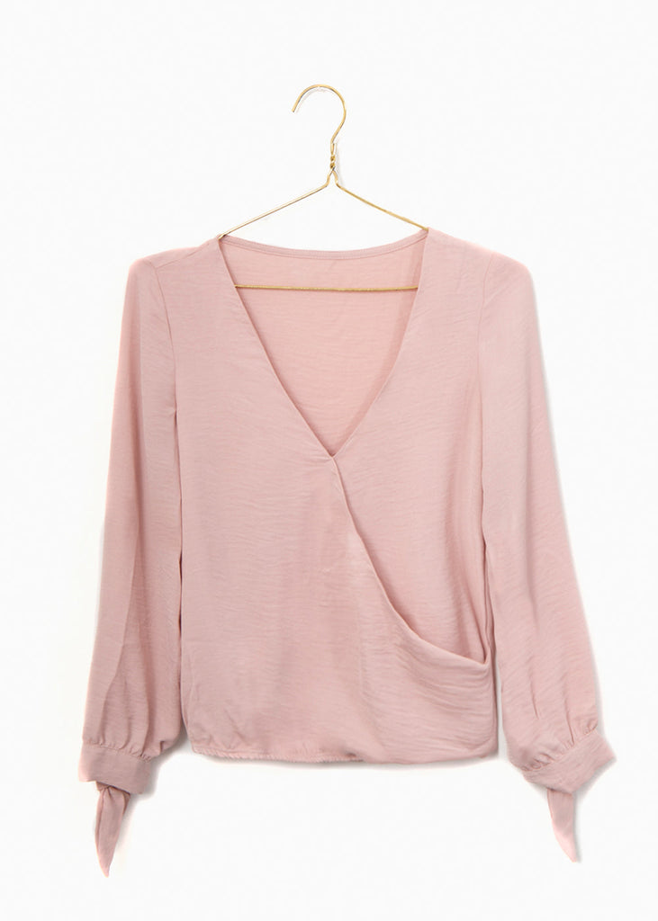 Blusa cruzada rosada con moños en mangas para mujer - Flashy