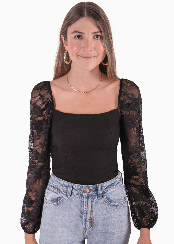 Blusa manga larga en encaje con escote cuadrado para mujer - Flashy