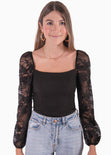 Blusa manga larga en encaje con escote cuadrado para mujer - Flashy