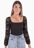 Blusa manga larga en encaje con escote cuadrado para mujer - Flashy
