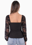 Blusa manga larga en encaje con escote cuadrado para mujer - Flashy