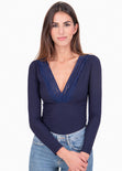 Blusa manga larga con escote de encaje para mujer - Flashy