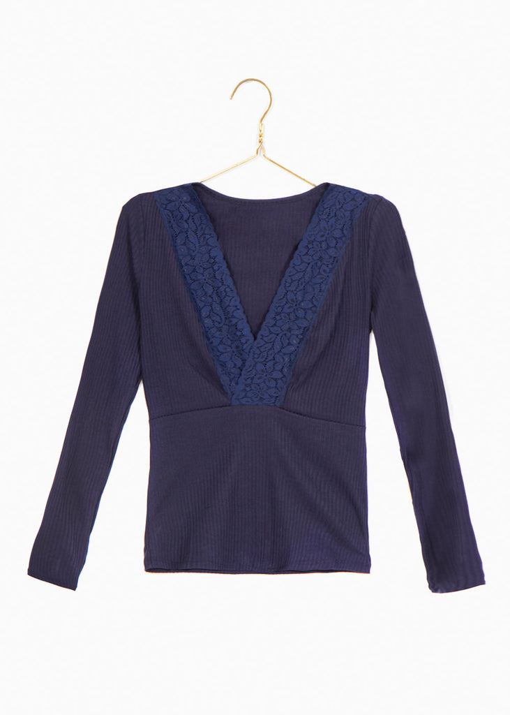 Blusa manga larga con escote de encaje para mujer - Flashy