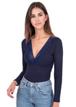 Blusa manga larga con escote de encaje para mujer - Flashy
