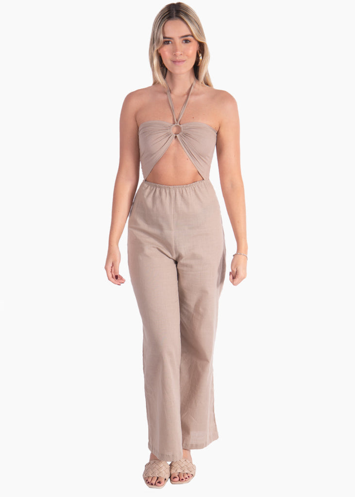 Enterizo de pantalón con aro en escote color café, beige para mujer - Flashy