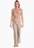 Enterizo de pantalón con aro en escote color café, beige para mujer - Flashy
