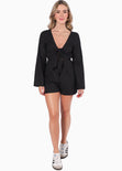 Enterizo de short con anudado en escote y manga larga color negro para mujer - Flashy