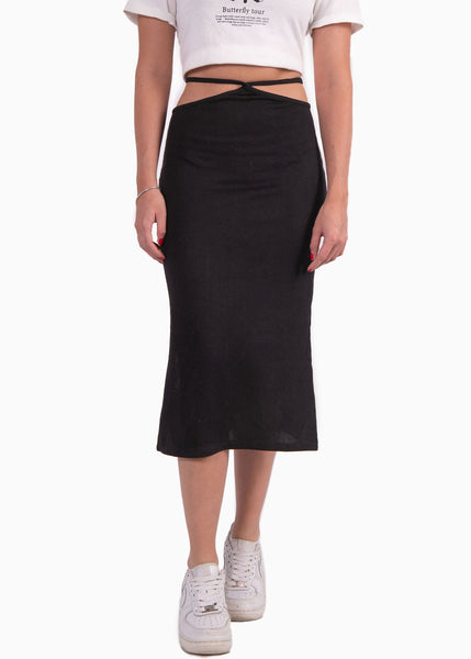 Falda larga tejida con anudados en costados color negro para mujer - Flashy