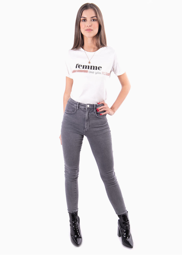 Camiseta con lentejuelas y estampado "Femme" para mujer - Flashy