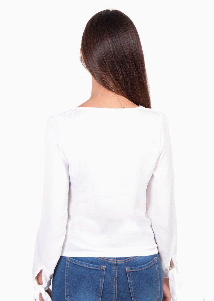 Blusa cruzada blanca con moños en mangas para mujer - Flashy
