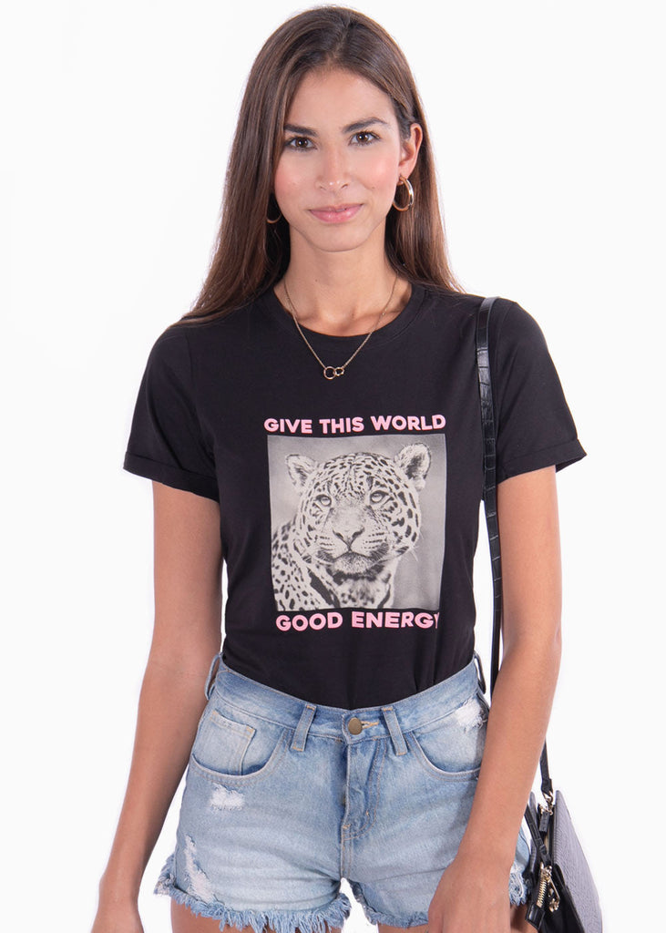 Camiseta estampada tigre "Give this world good energy" para mujer - Flashy