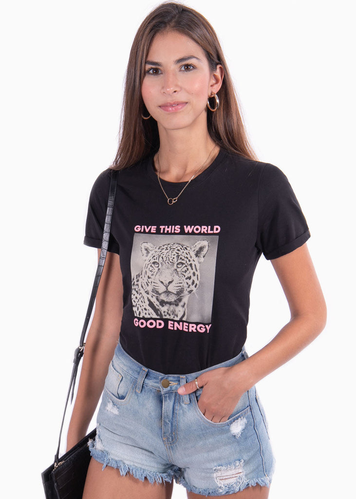 Camiseta estampada tigre "Give this world good energy" para mujer - Flashy