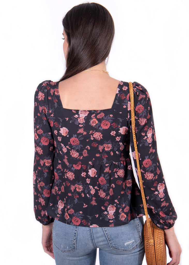 Blusa de flores manga larga con escote cuadrado para mujer - Flashy
