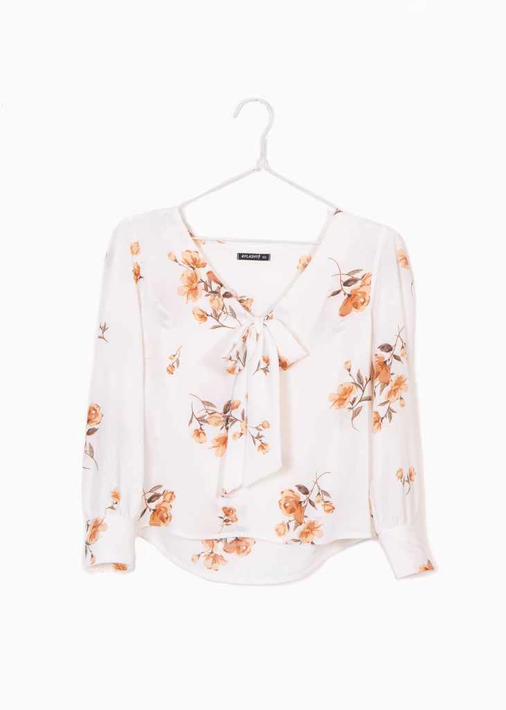 Blusa de flores manga larga con anudado en escote para mujer - Flashy