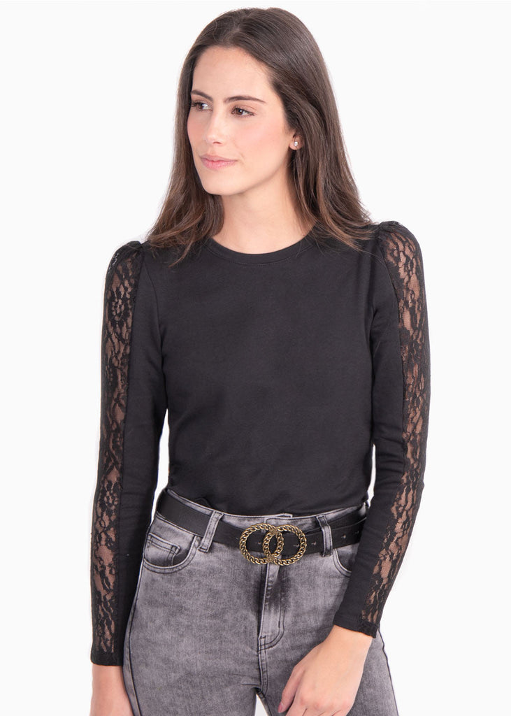 Buso con recogido en mangas y franja de encaje para mujer - Flashy
