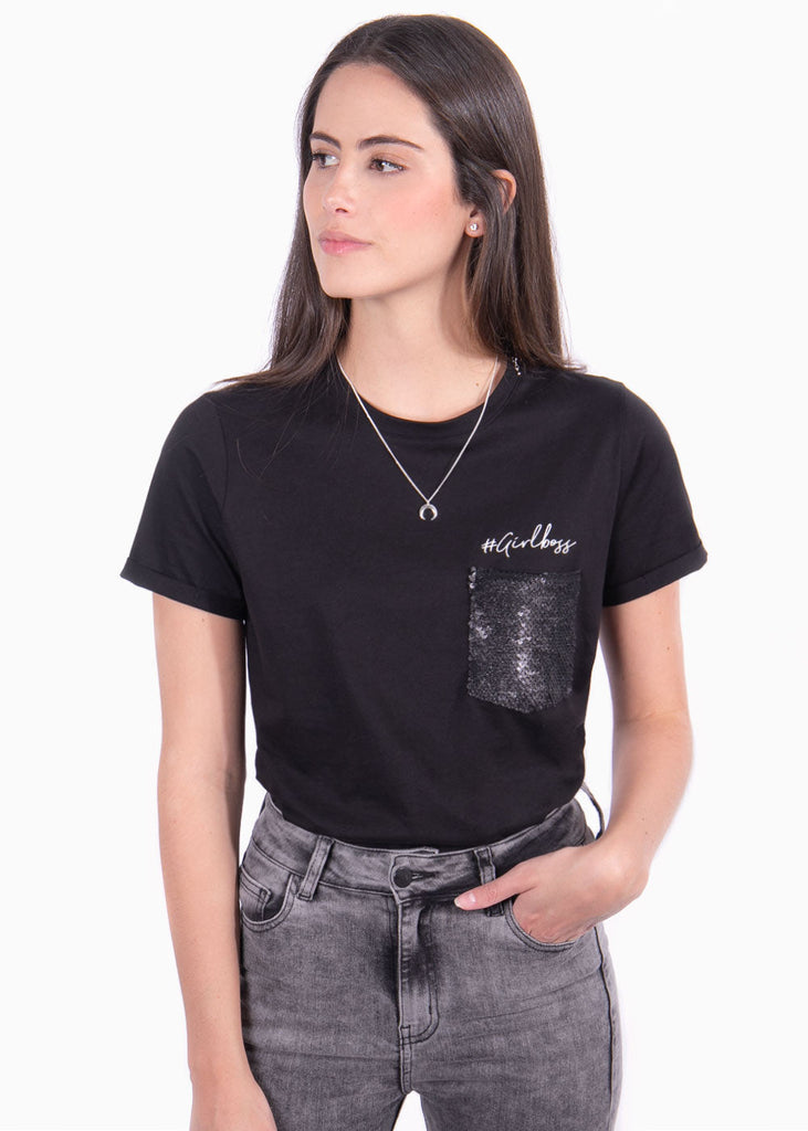 Camiseta con bolsillo de lentejuelas y bordado "#girlboss" para mujer - Flashy