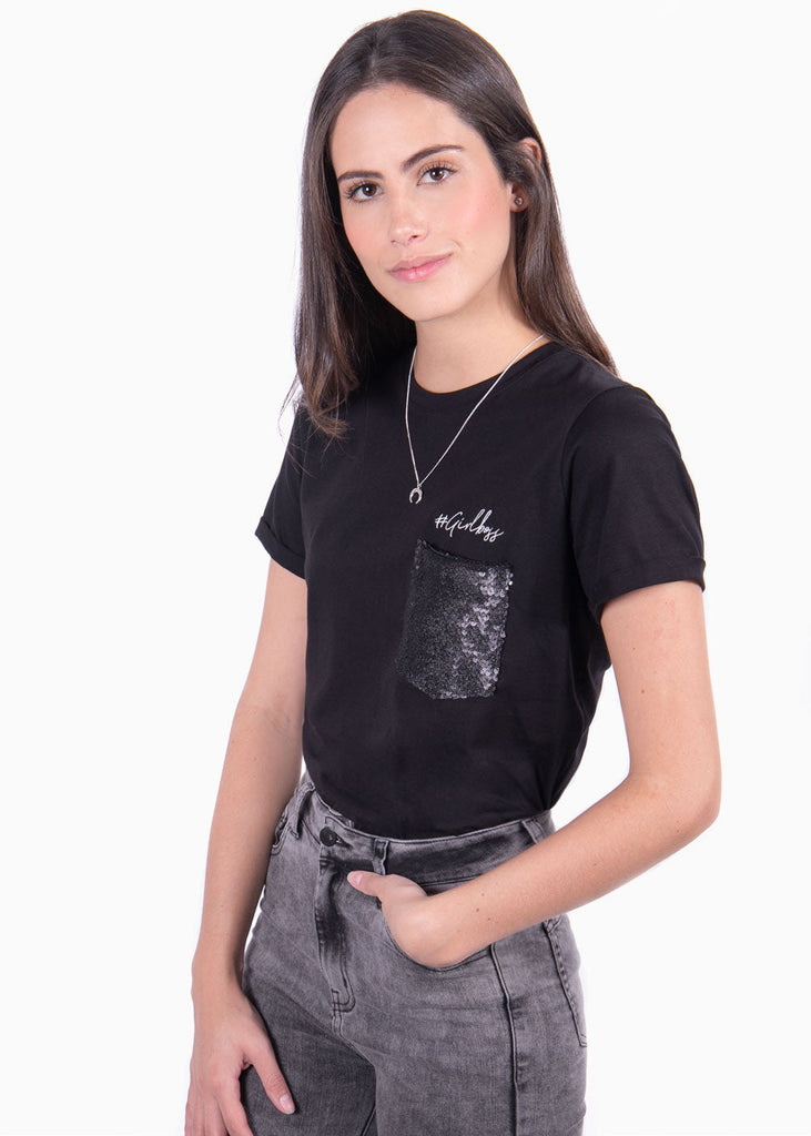 Camiseta con bolsillo de lentejuelas y bordado "#girlboss" para mujer - Flashy