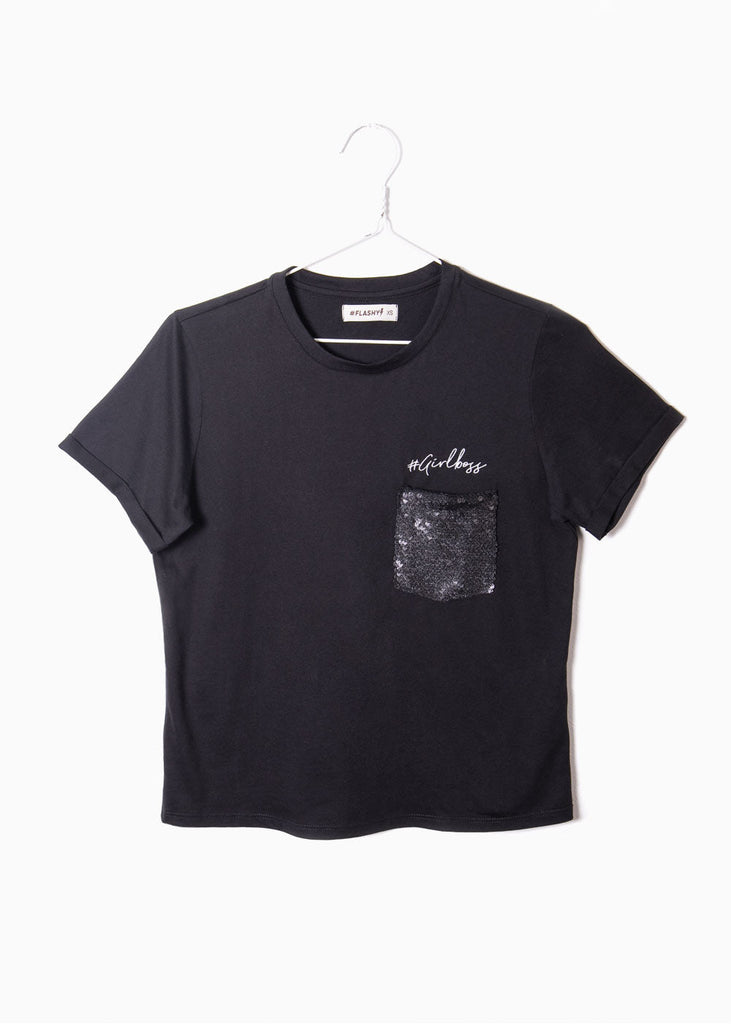 Camiseta con bolsillo de lentejuelas y bordado "#girlboss" para mujer - Flashy