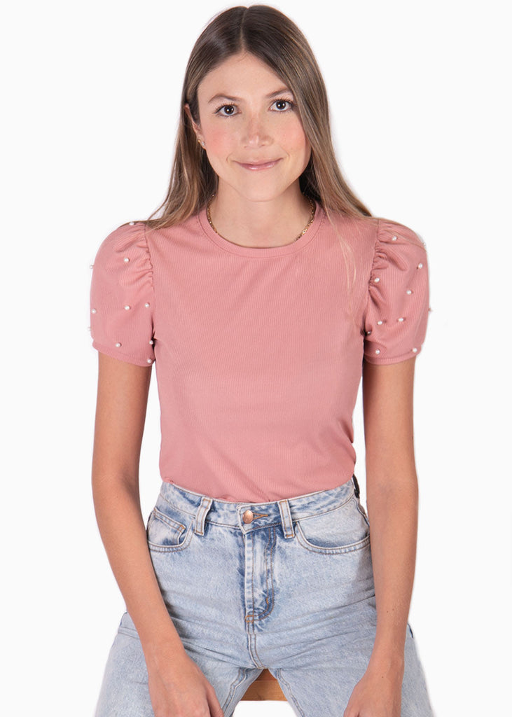 Blusa manga corta con recogido y perlas para mujer - Flashy