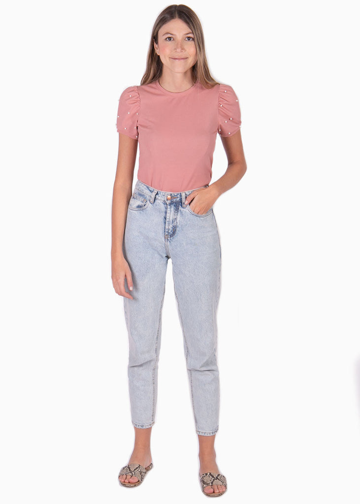 Blusa manga corta con recogido y perlas para mujer - Flashy