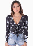 Blusa de flores manga larga con anudado en escote para mujer - Flashy