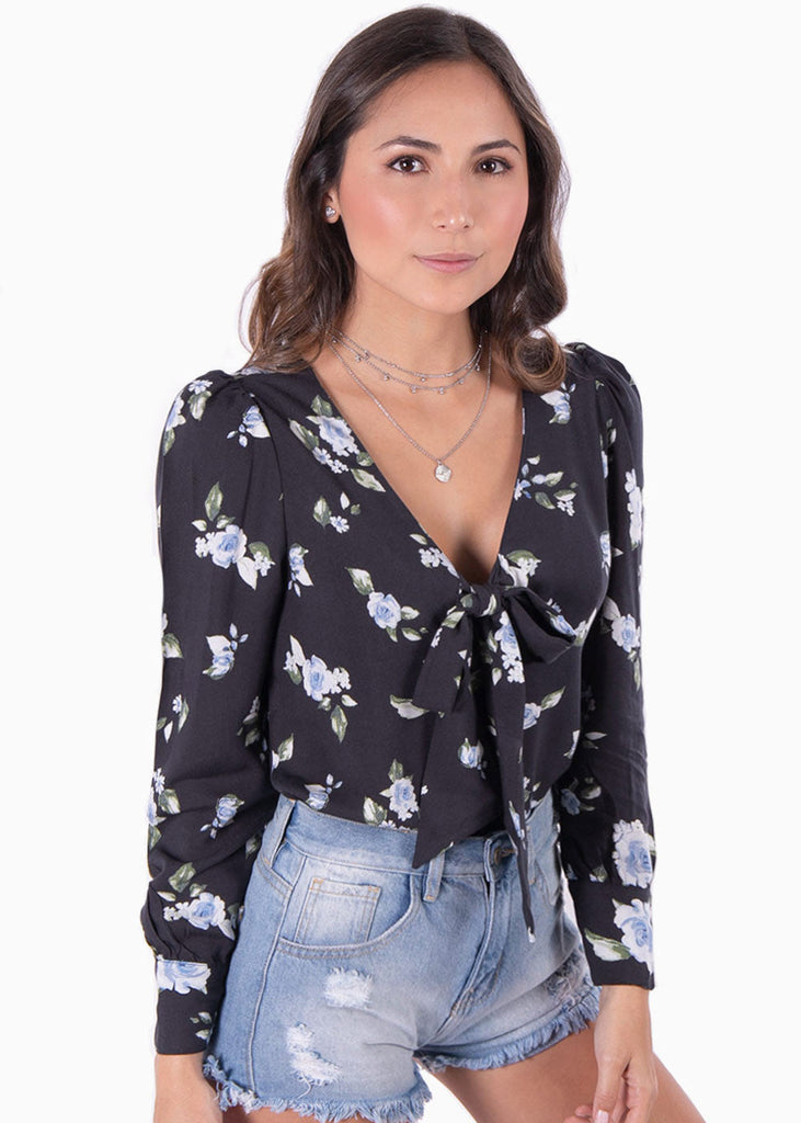 Blusa de flores manga larga con anudado en escote para mujer - Flashy