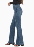 Jean flare bota ancha de tiro alto color azul, denim para mujer - Flashy