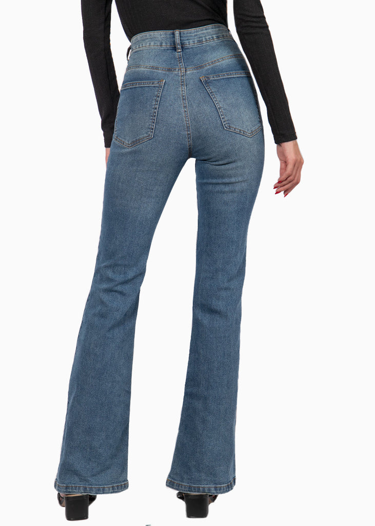 Jean flare bota ancha de tiro alto color azul, denim para mujer - Flashy