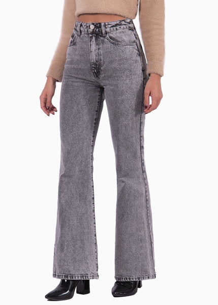 Jean flare bota ancha de tiro alto color gris, denim para mujer - Flashy