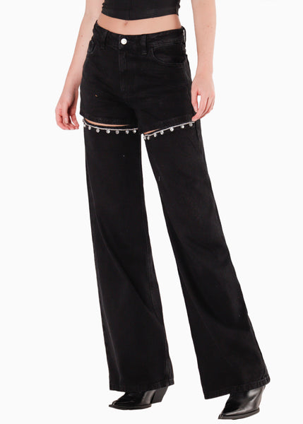 Jean wide leg con corte y brillos para mujer - Flashy