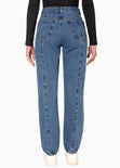 Jean recto con cortes y de tiro alto color azul, denim para mujer - Flashy