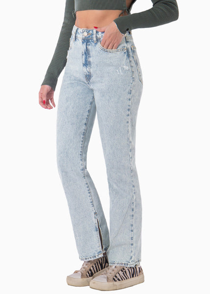 Jean recto de tiro alto con abertura en bota color azul, denim para mujer - Flashy