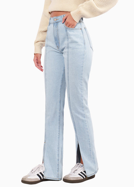 Jean flare de tiro alto con abertura en bota y cortes color azul, denim para mujer - Flashy