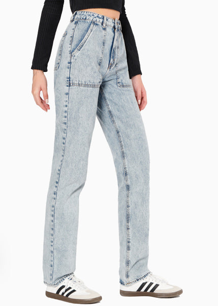 Jean recto de tiro alto con corte en bolsillo color azul, denim para mujer - Flashy