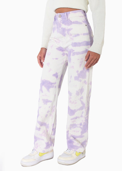 Jean recto tie die de tiro alto full length color lila, marfil, denim para mujer - Flashy