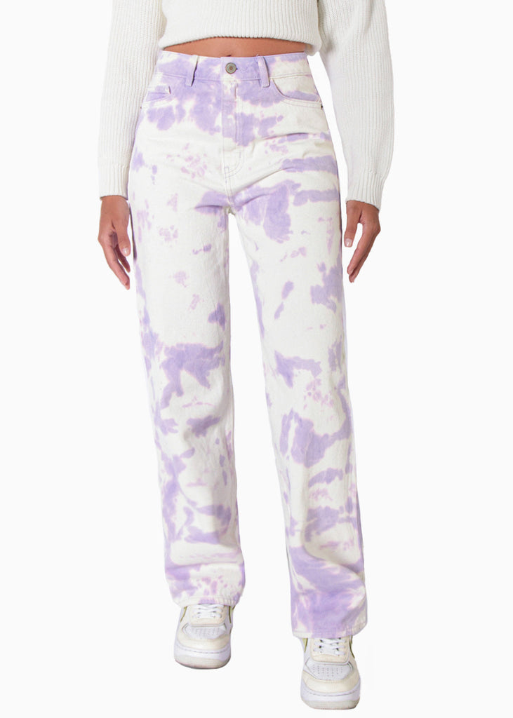 Jean recto tie die de tiro alto full length color lila, marfil, denim para mujer - Flashy