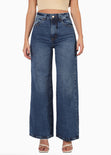Jean tiro alto bota ancha color azul, denim para mujer - Flashy