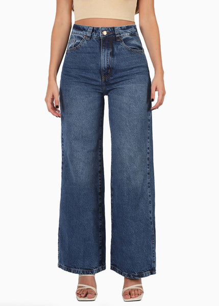Jean tiro alto bota ancha color azul, denim para mujer - Flashy