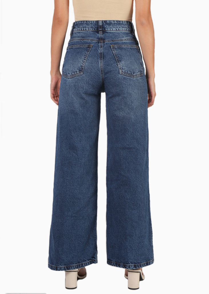 Jean tiro alto bota ancha color azul, denim para mujer - Flashy