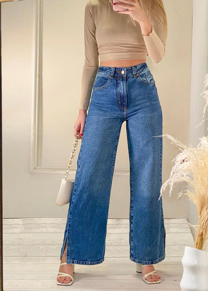 Jean tiro alto bota ancha color azul, denim para mujer - Flashy