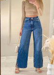 Jean tiro alto bota ancha color azul, denim para mujer - Flashy